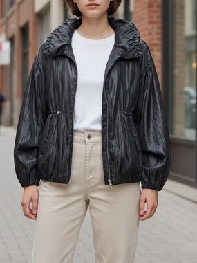 Jones New York Shinny Black Rayon Puff Sleeve Spring Summer Jacket Size M